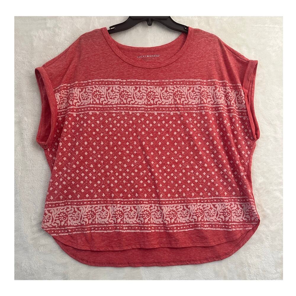 Lucky Brand Red Print Top L Cap Sleeve Lightweight